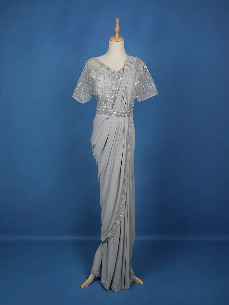 Grey Floral Embroidery Lycra Ready To Wear Saree With Designer Blouse 1
