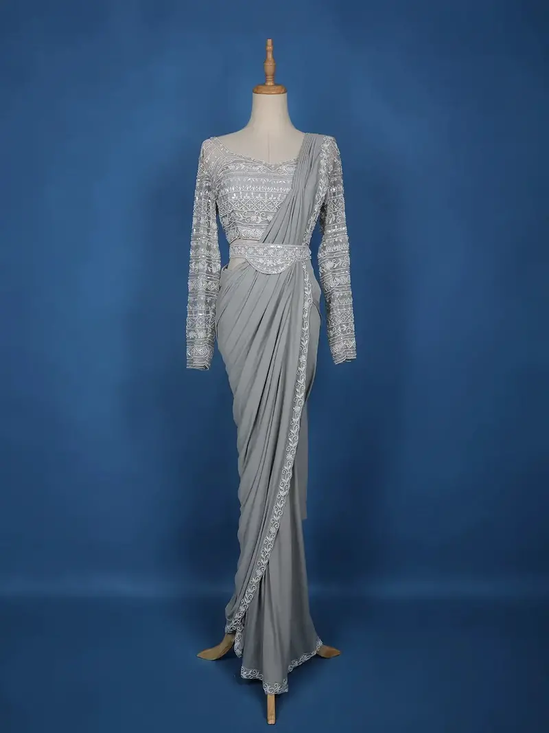 Grey Floral Embroidery Lyrca Ready To Wear Saree With Designer Blouse 1