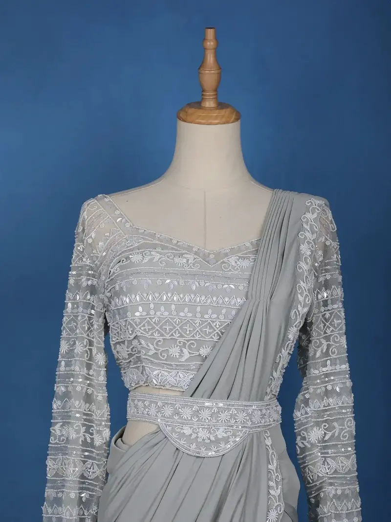 Grey Floral Embroidery Lyrca Ready To Wear Saree With Designer Blouse 2