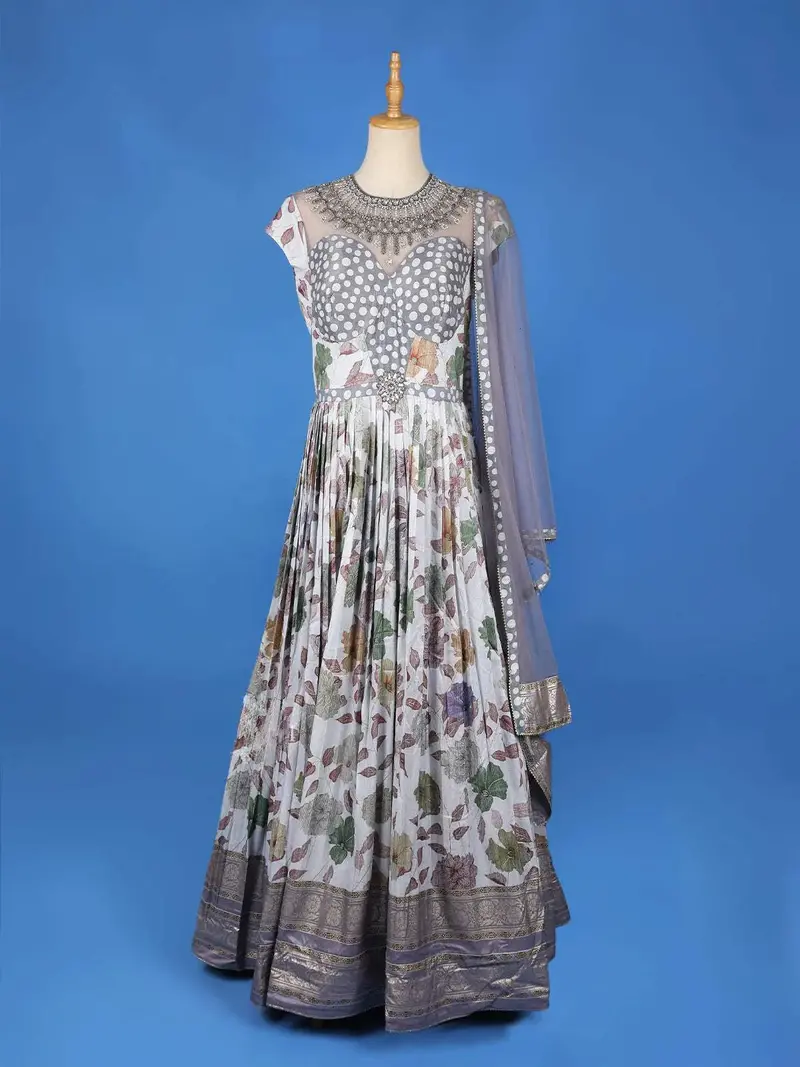 Grey Floral Printed And Embroidery Ethnic Gown 1
