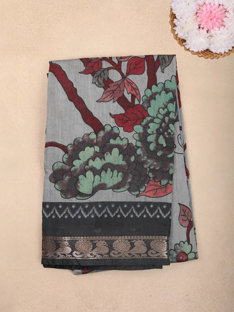 Grey Floral Printed Chanderi Cotton Saree With Black Zari Border 1