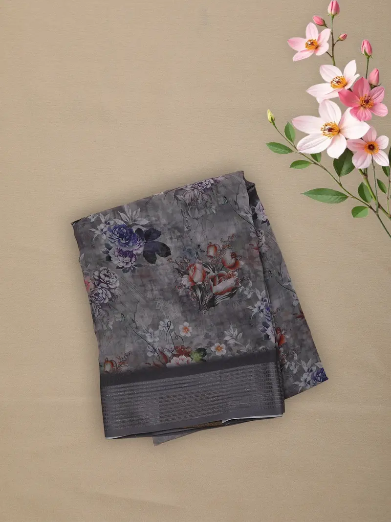 Grey Floral Printed Chiffon Saree With Self Woven Border 1