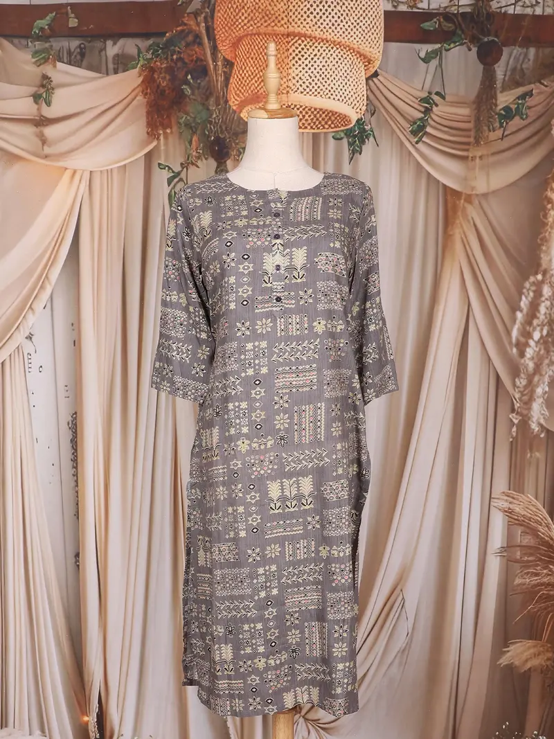 Grey Floral Printed Cotton Rayon Kurti 1
