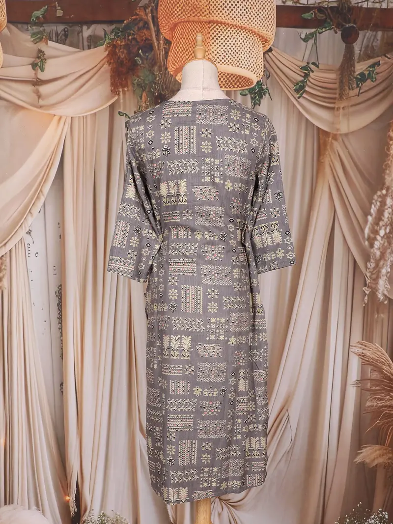 Grey Floral Printed Cotton Rayon Kurti 10