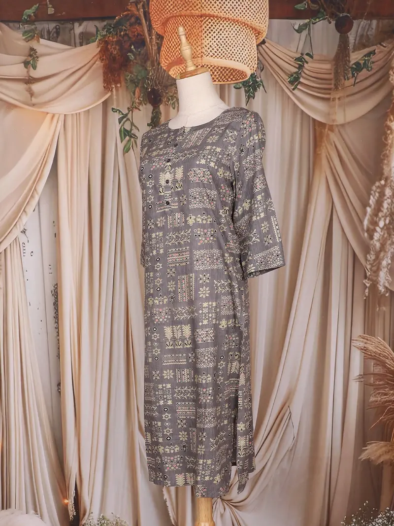 Grey Floral Printed Cotton Rayon Kurti 3