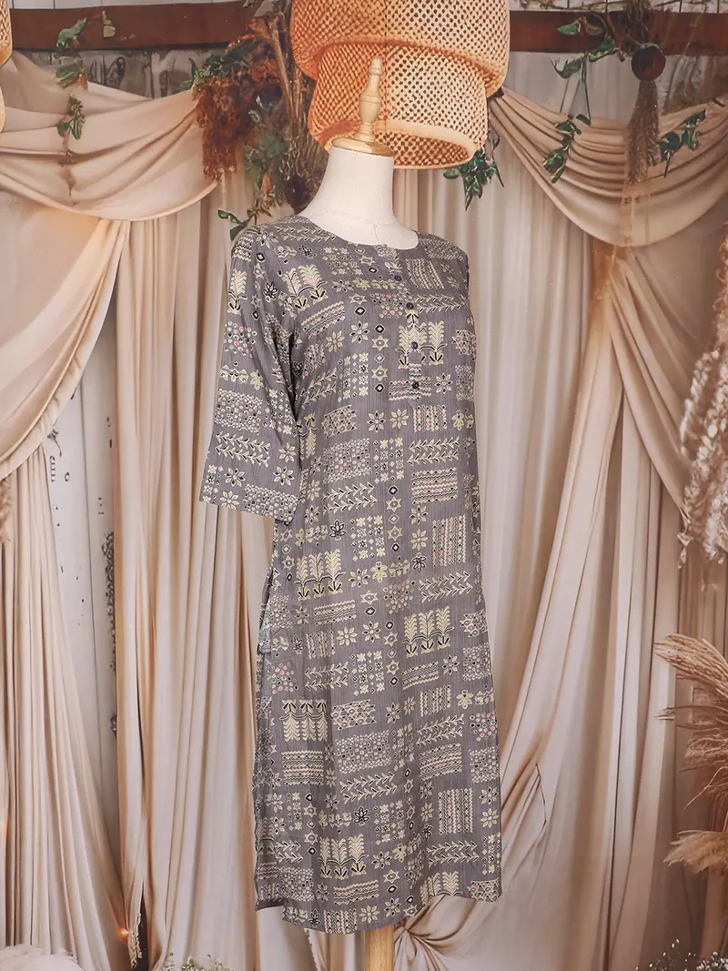 Grey Floral Printed Cotton Rayon Kurti 4