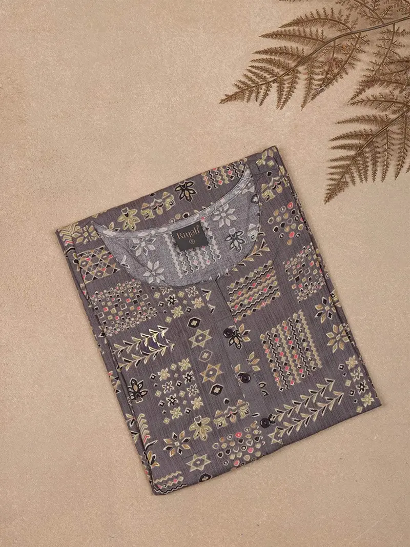 Grey Floral Printed Cotton Rayon Kurti 5