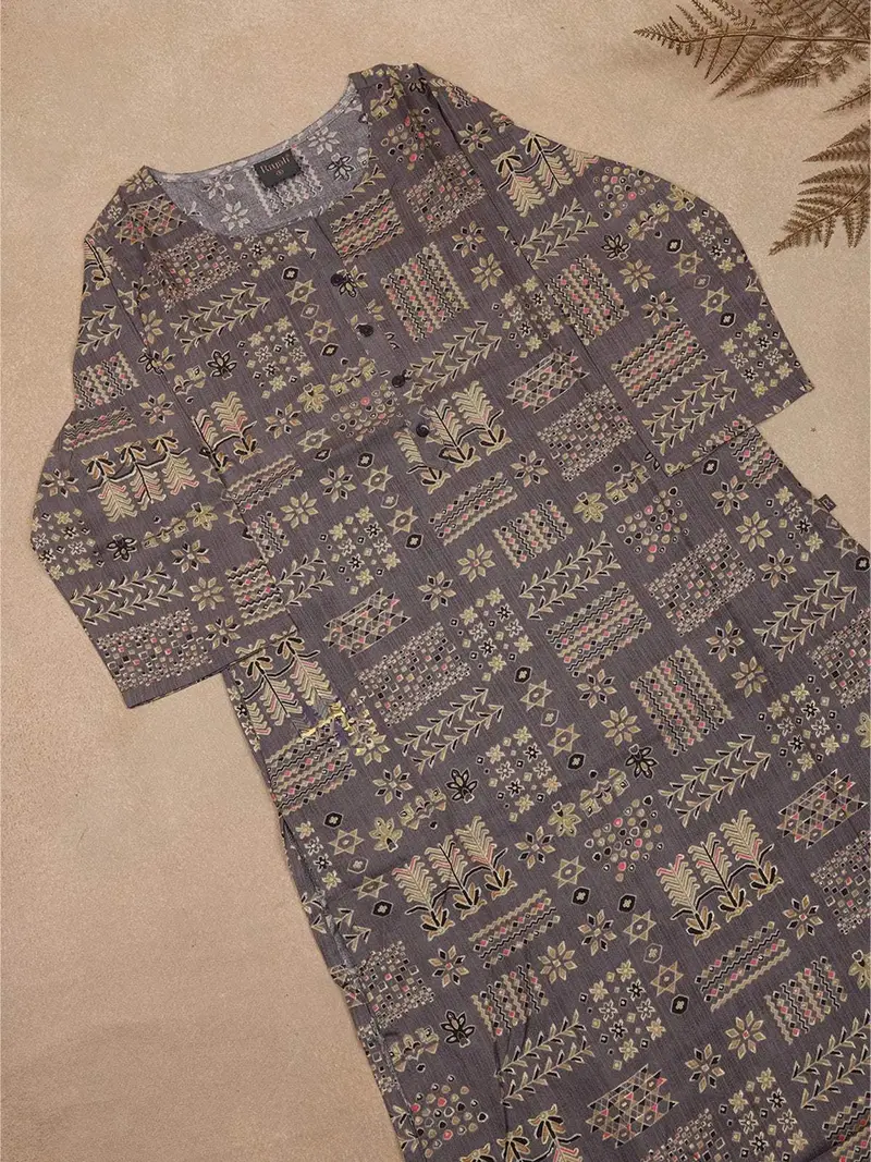 Grey Floral Printed Cotton Rayon Kurti 6