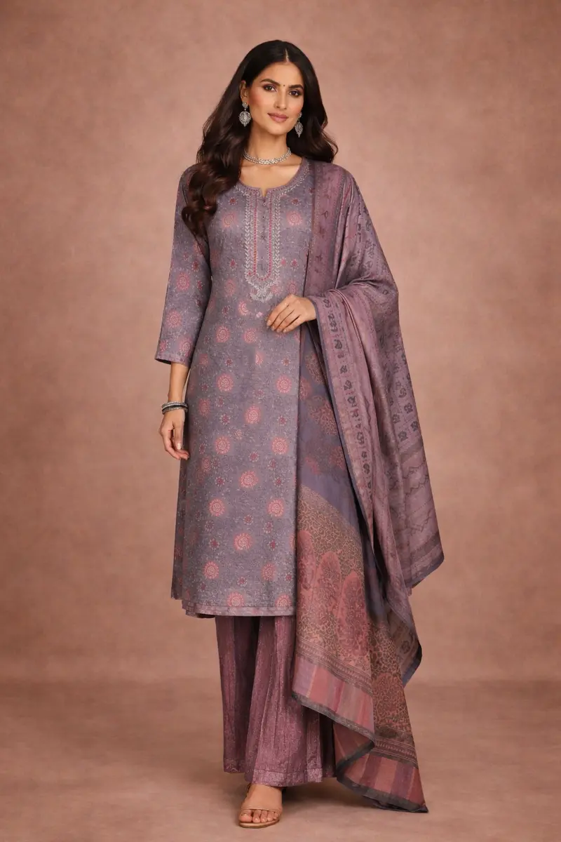 Grey Floral Printed Cotton Salwar Suit 1