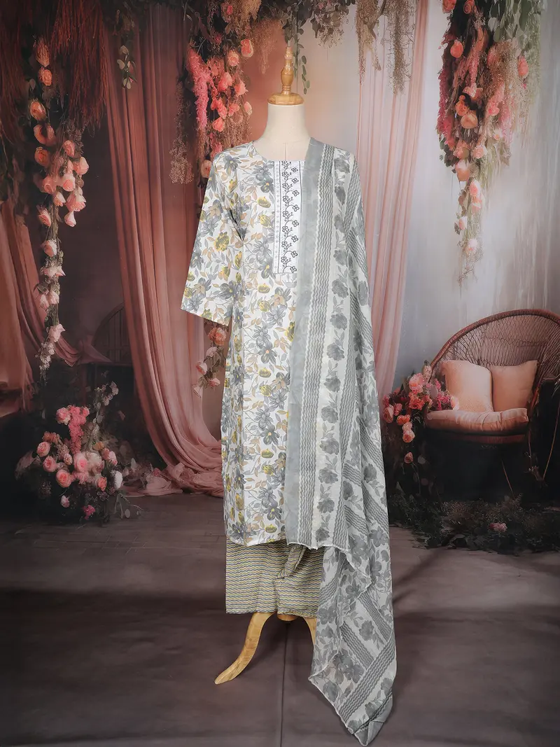 Grey Floral Printed Cotton Salwar Suit With Printed Dupatta 1
