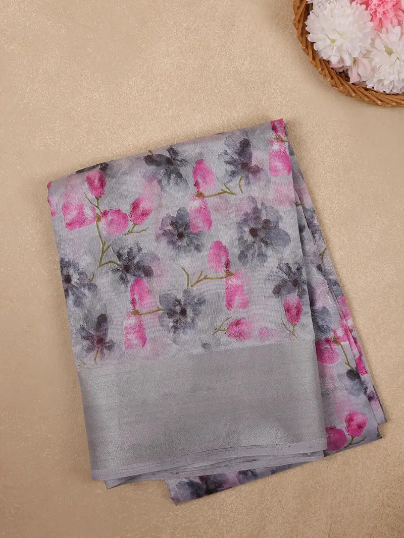 Grey Floral Printed Cotton Saree 1