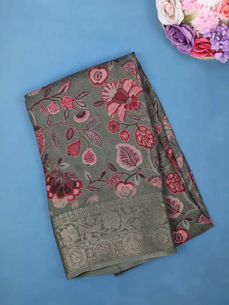 Grey Floral Printed Cotton Saree 1