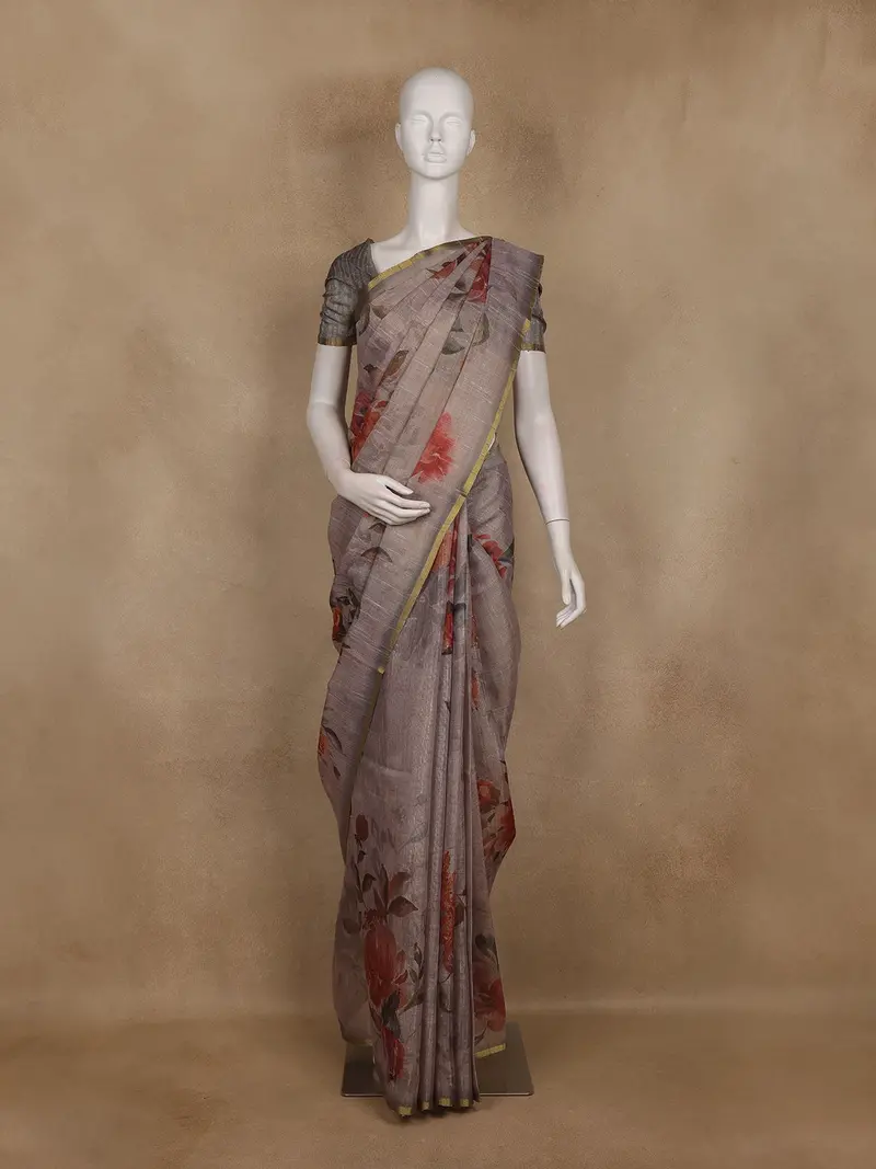 Grey Floral Printed Cotton Saree With Subtle Golden Zari Border 1