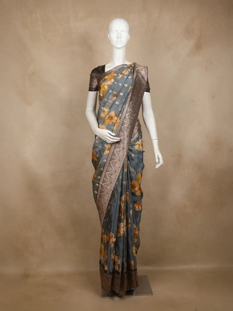 Grey Floral Printed Design Banarasi Saree With Contrast Zari Border 1