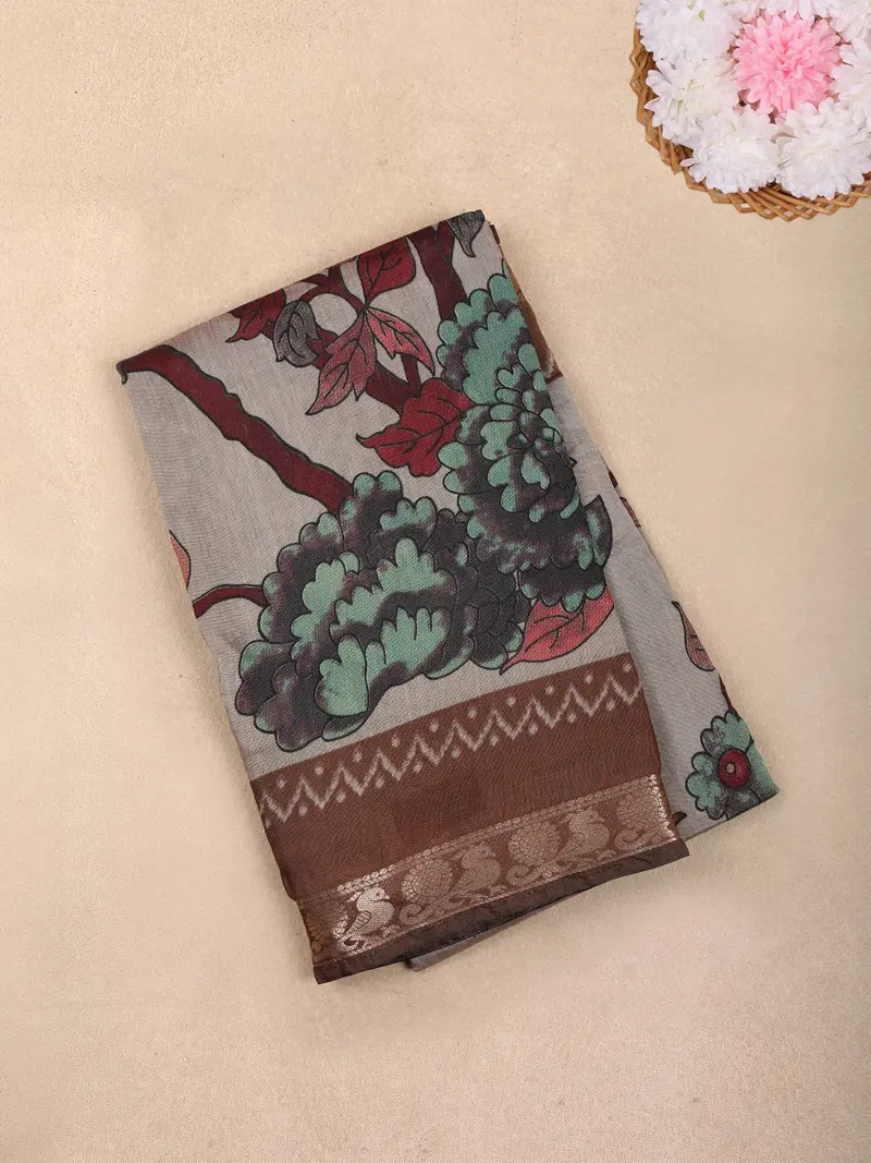 Grey Floral Printed Design Chanderi Cotton Saree With Contrast Zari Woven Border 1