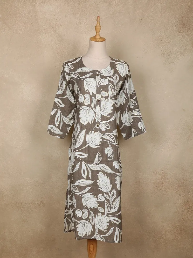 Grey Floral Printed Design Cotton Kurti 1