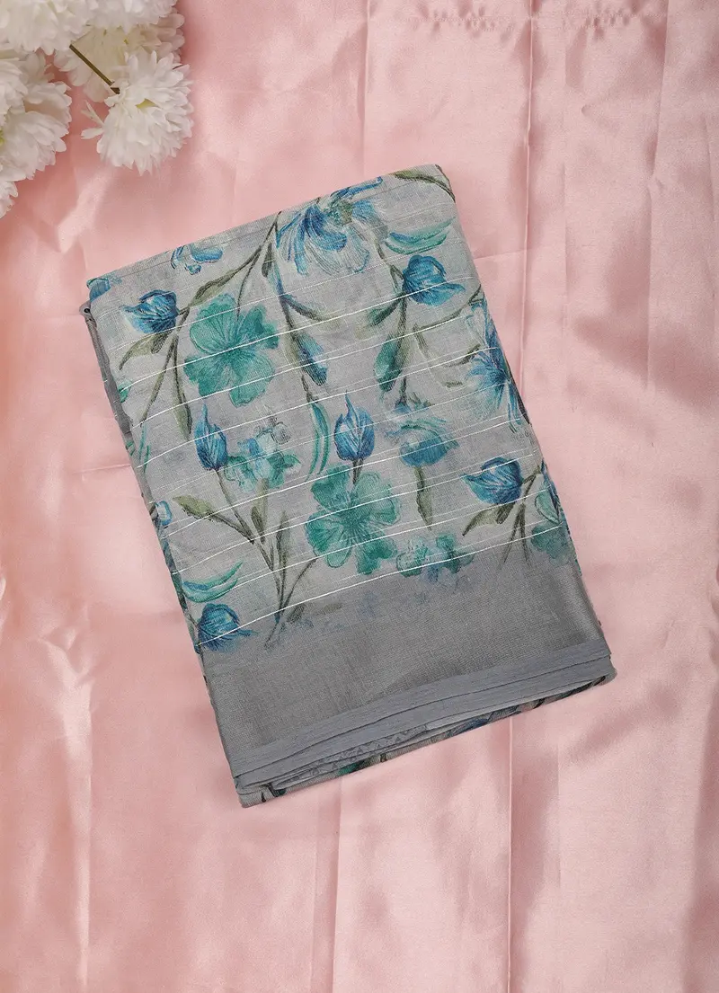 Grey Floral Printed Design Linen Cotton Saree 1