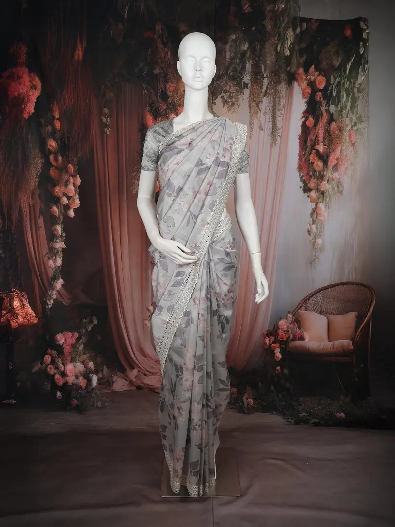 Grey Floral Printed Design Tussar Saree With Embroidered Lace Border 1