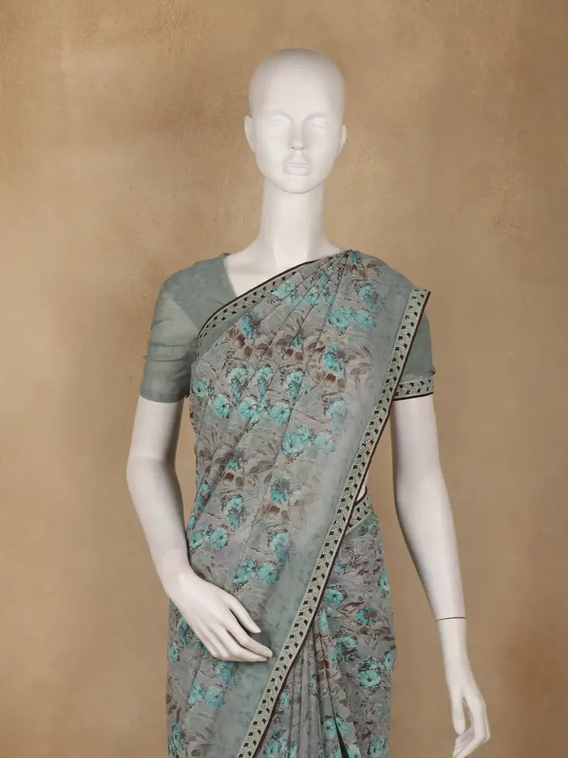Grey Floral Printed Georgette Saree 2