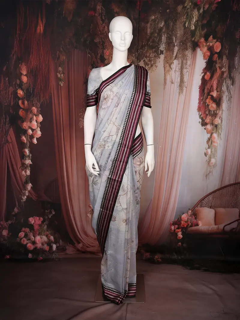 Grey Floral Printed Kota Cotton Saree With Contrast Woven Border 1