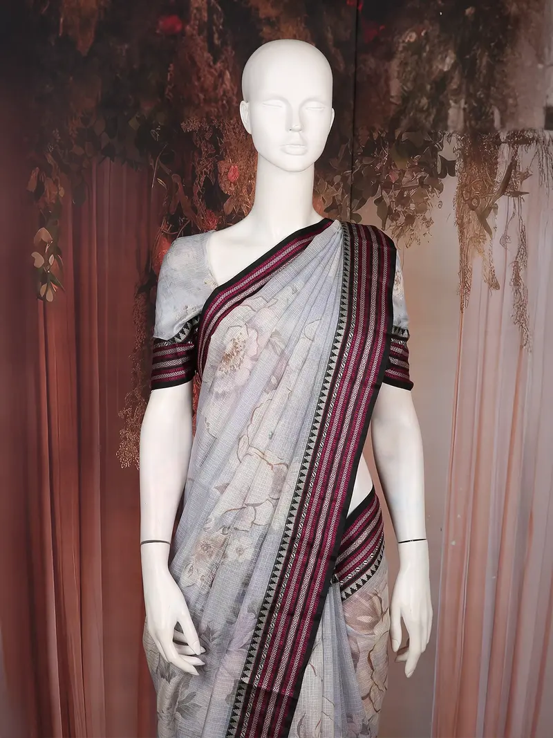 Grey Floral Printed Kota Cotton Saree With Contrast Woven Border 2