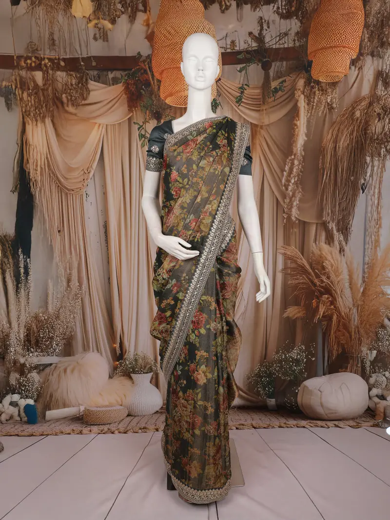 Grey Floral Printed Tissue Organza Saree With Embroidered Border 1