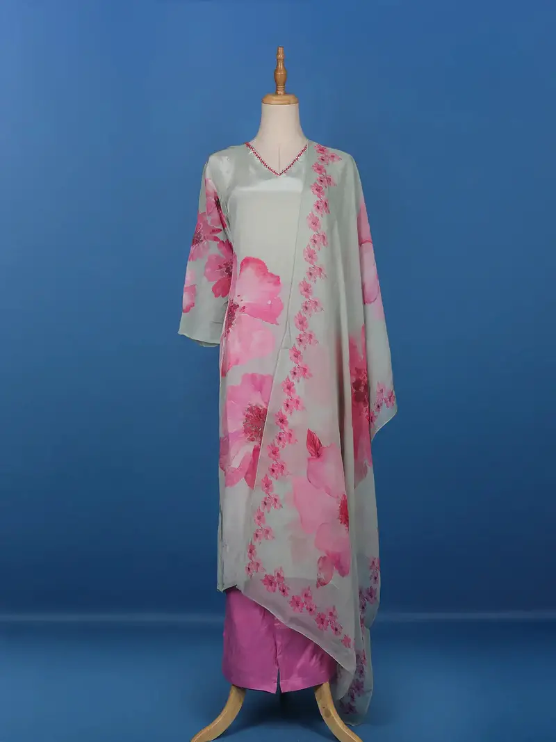 Grey Floral Prints Crepe Straight Cut Salwar Suit 1