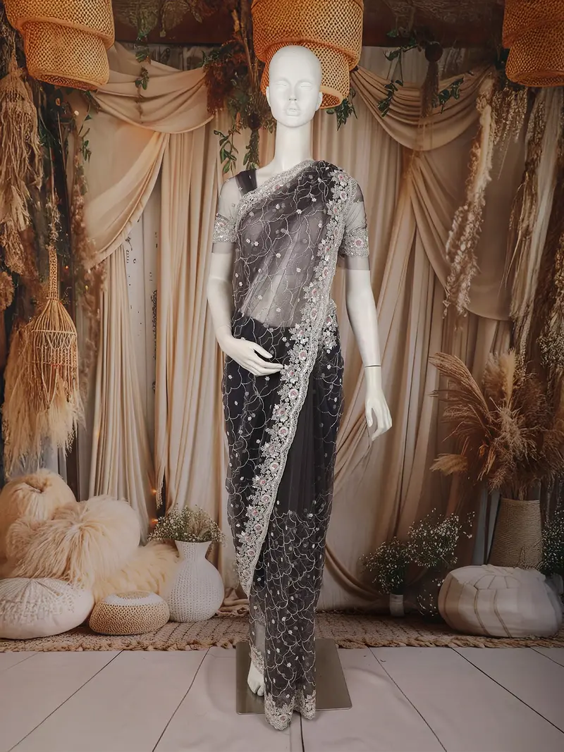 Grey Floral Sequins  And Beads Embroidered Design Net Designer Saree 1