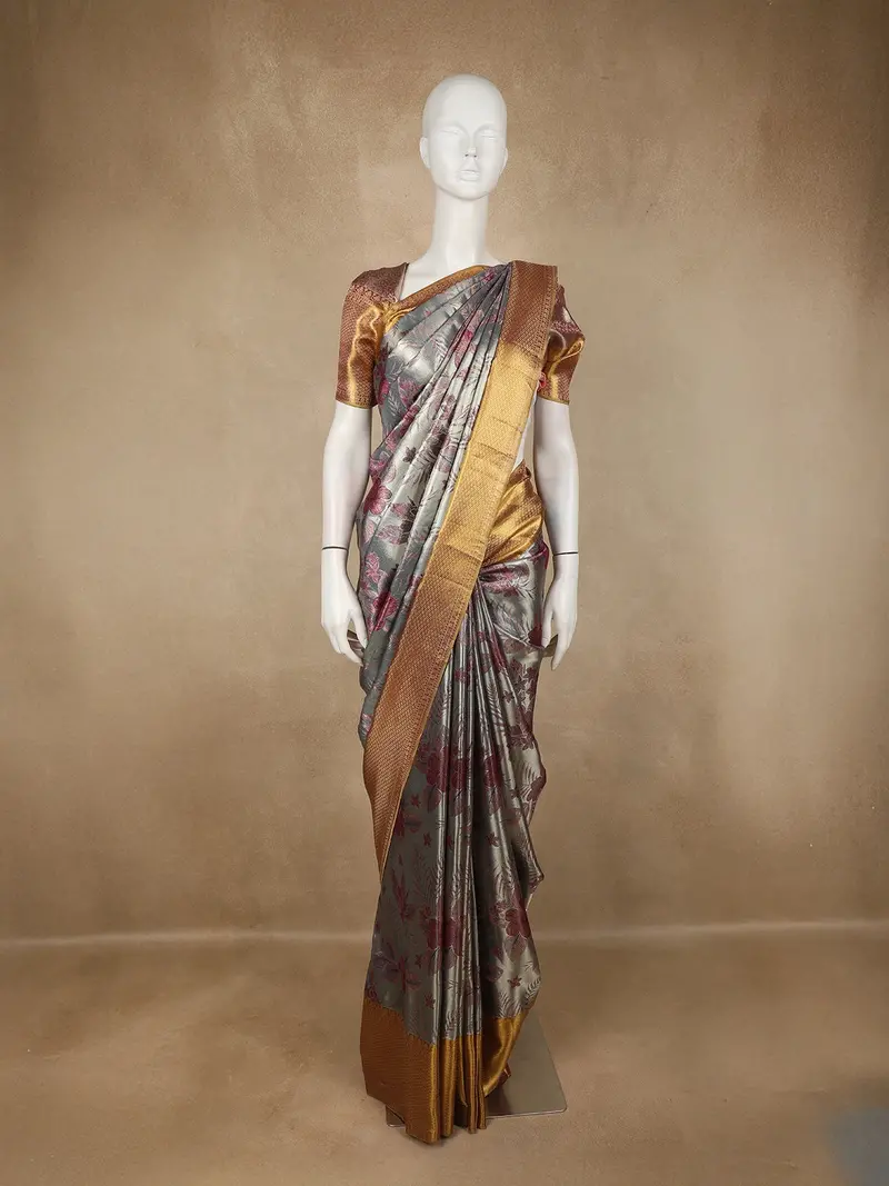 Grey Floral Woven Tissue Silk Saree With Antique Gold Zari Border 1