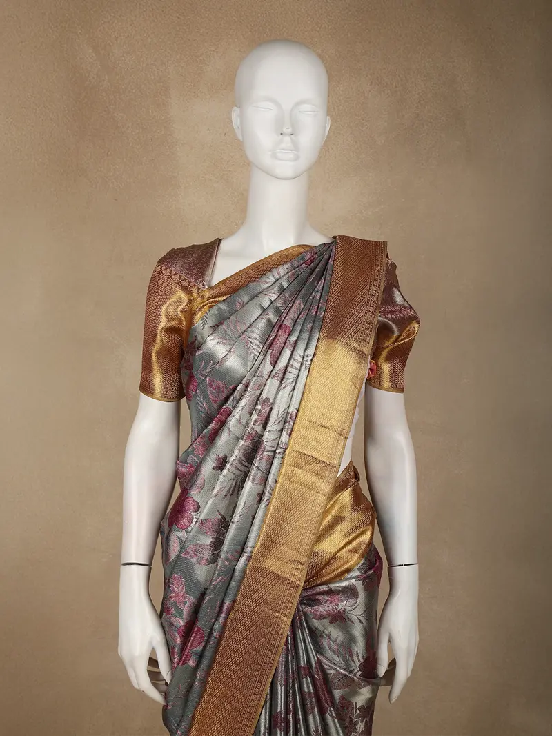 Grey Floral Woven Tissue Silk Saree With Antique Gold Zari Border 2