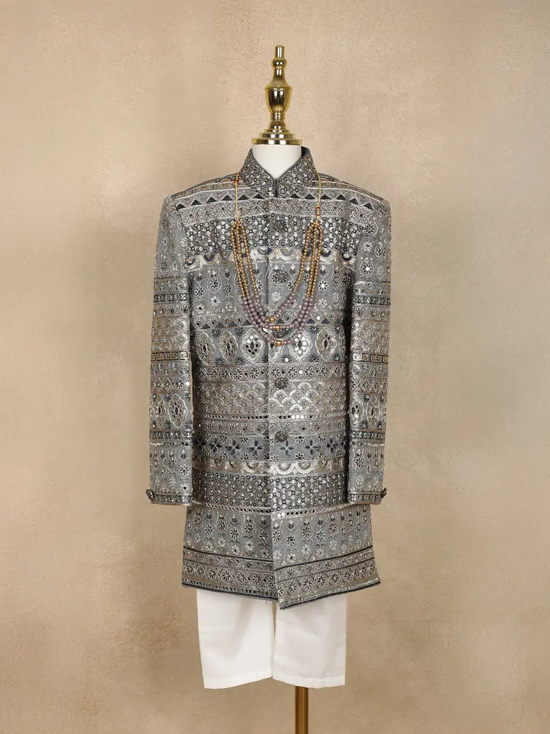 Grey Heavy Sequin Embroidered Kids Sherwani With Stonework Detailing 1