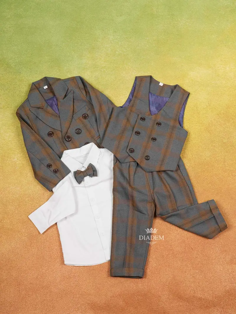 Grey Kids Coat Suit Adorned With Checks And Stripes Design Attached With Bow 1