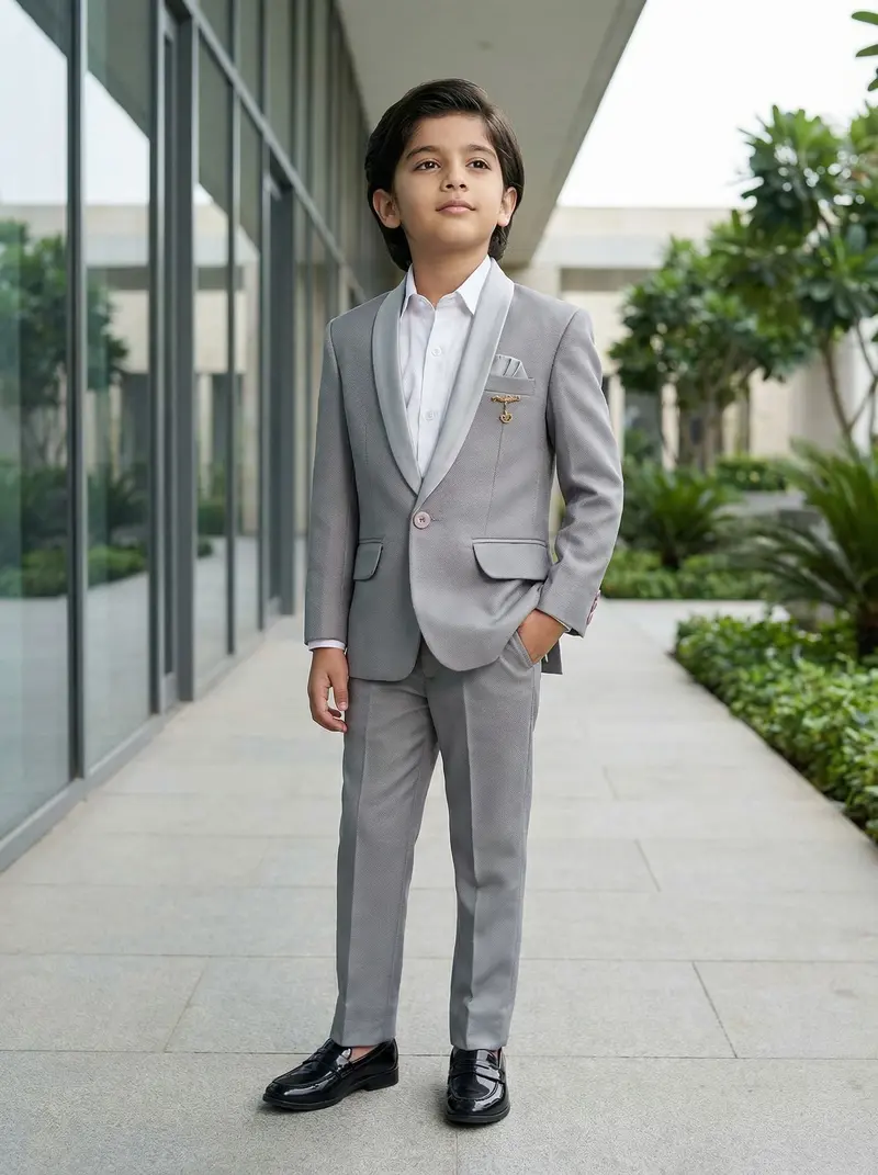 Grey Kids Party Wear Polyester Suit Set 1