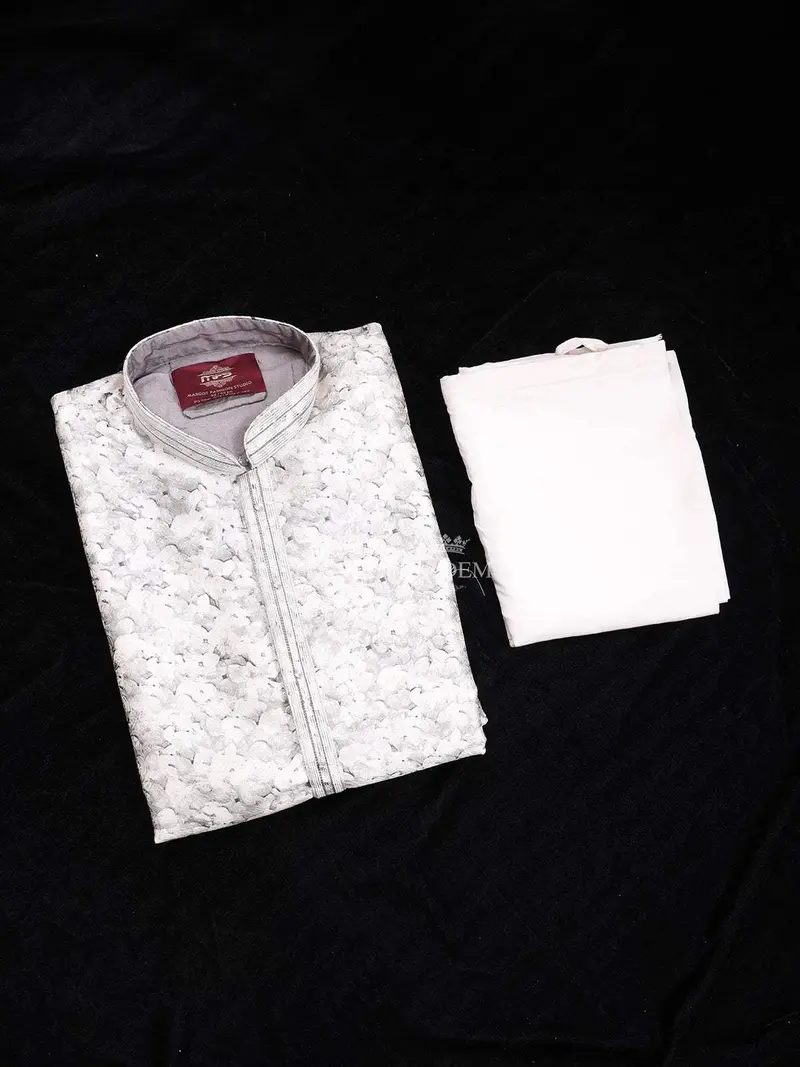 Grey Kurta Set Adorned With Design Prints, With Dupatta 1