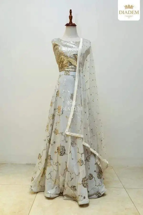 Grey Lehenga Adorned In Floral Sequins With Dupatta 1