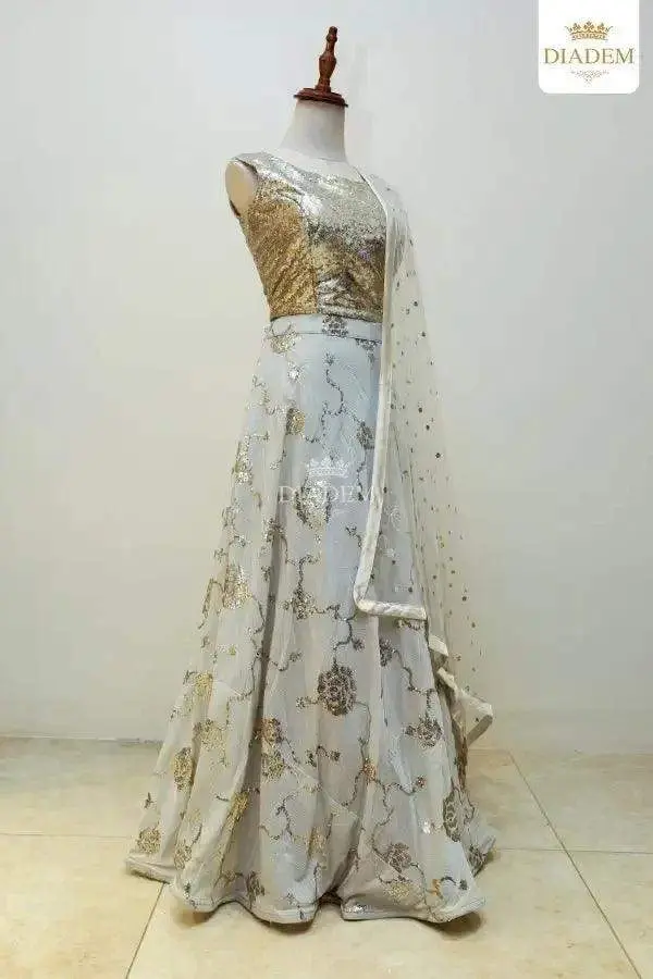 Grey Lehenga Adorned In Floral Sequins With Dupatta 2