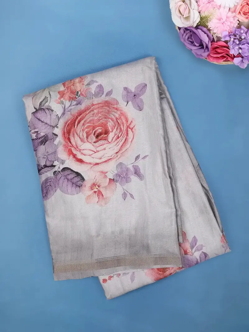 Grey Multicolor Floral Design Printed Cotton Saree 1