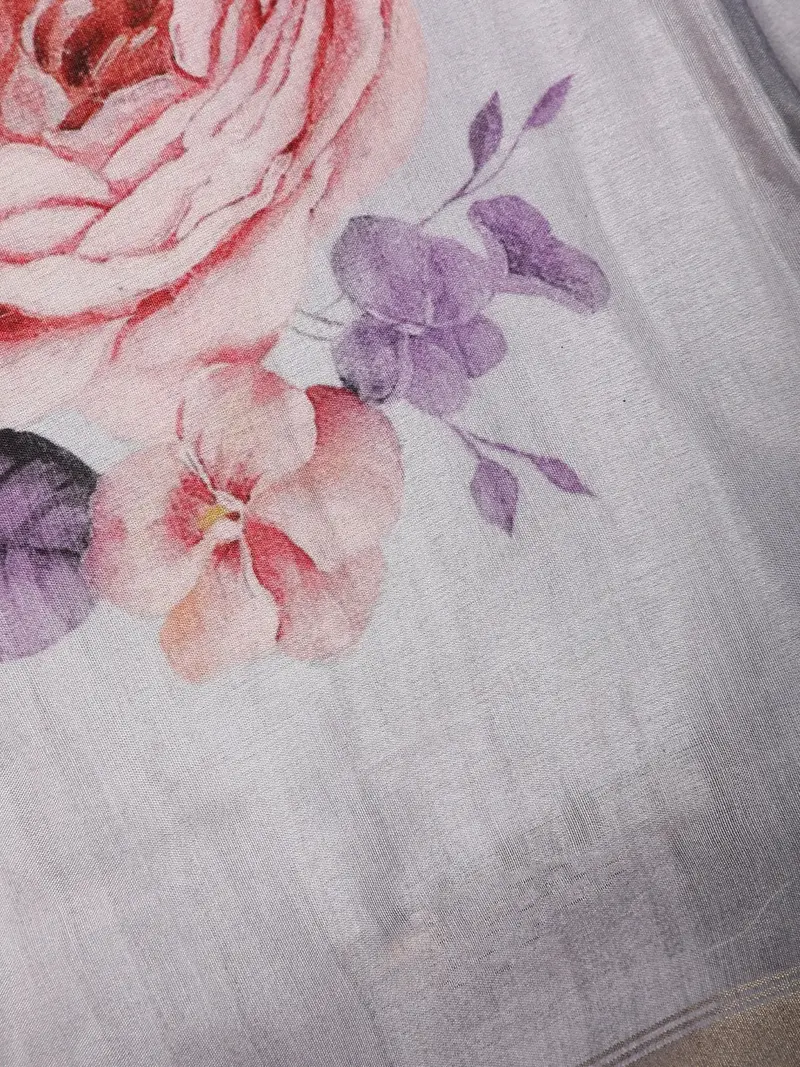 Grey Multicolor Floral Design Printed Cotton Saree 2