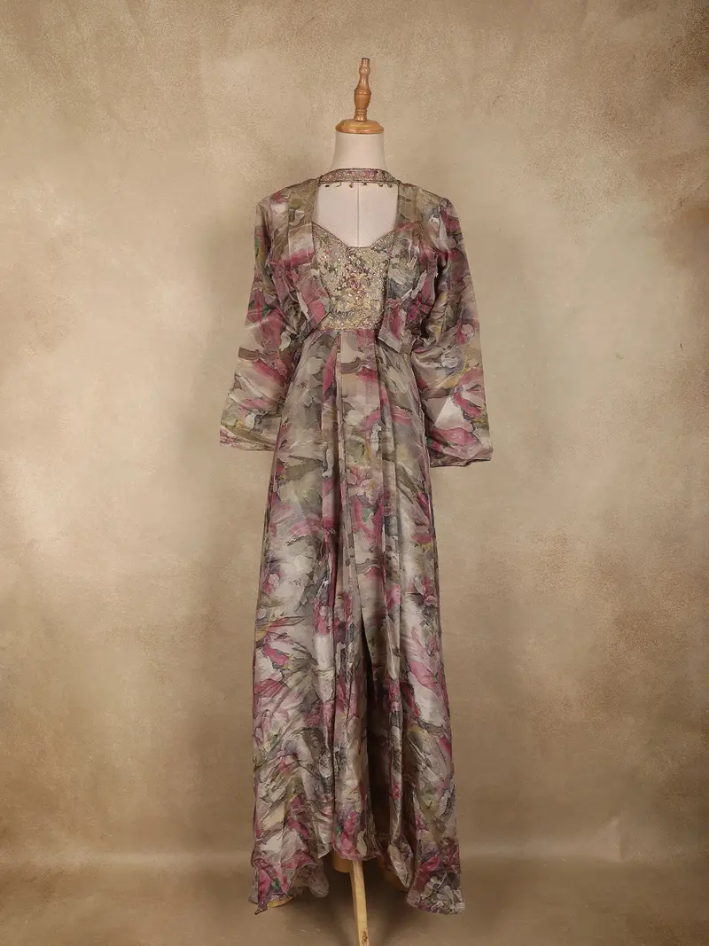 Grey Multicolour Floral Design Silk Cotton Gown With Dupatta 1