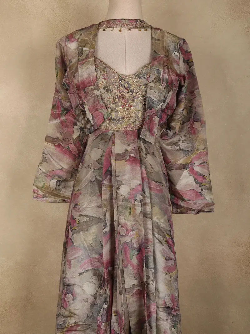 Grey Multicolour Floral Design Silk Cotton Gown With Dupatta 2