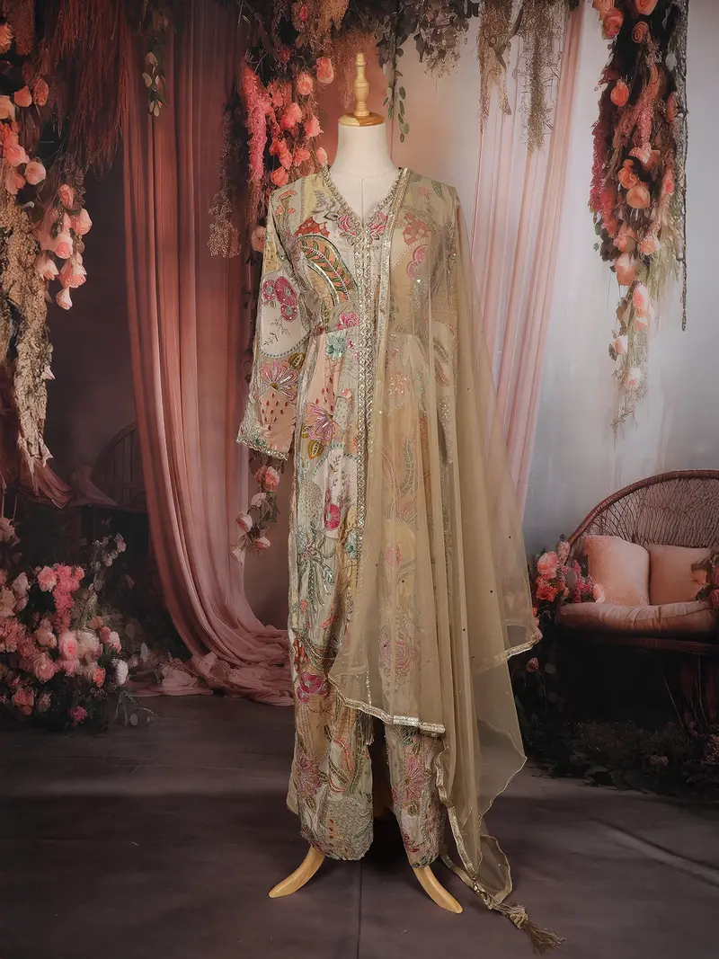 Grey Multicolour Floral Embroidered Patchwork Tissue Silk Palazzo Suit With Net Dupatta 1