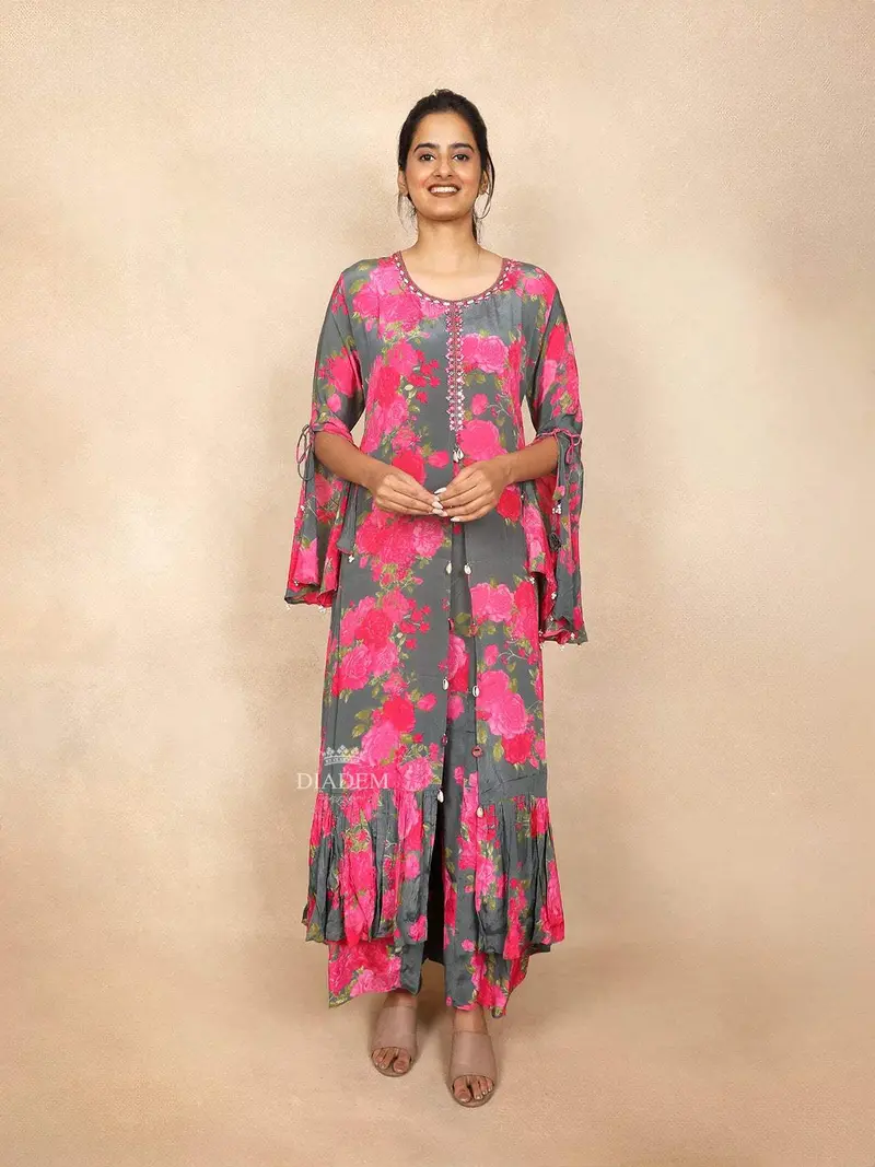 Grey Palazzo Salwar Suit For Women Embellished With Sequins And Floral Design 1