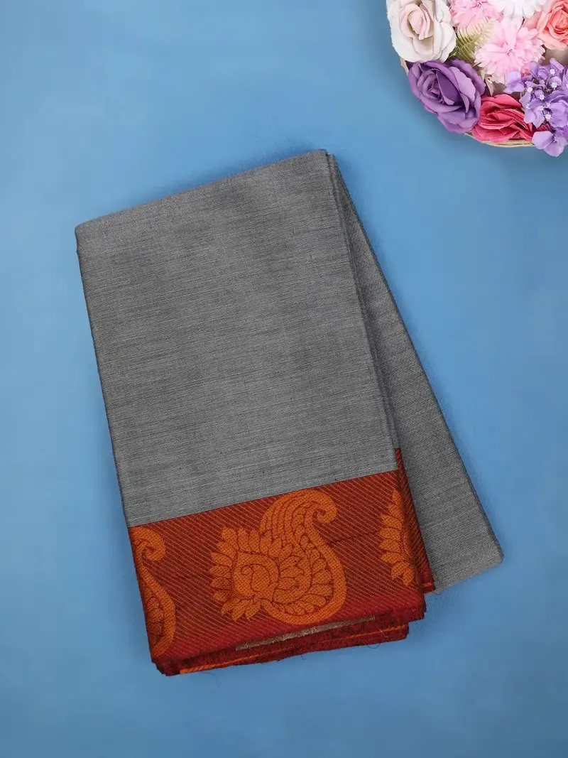 Grey Plain Cotton Saree With Paisley Woven Border 1