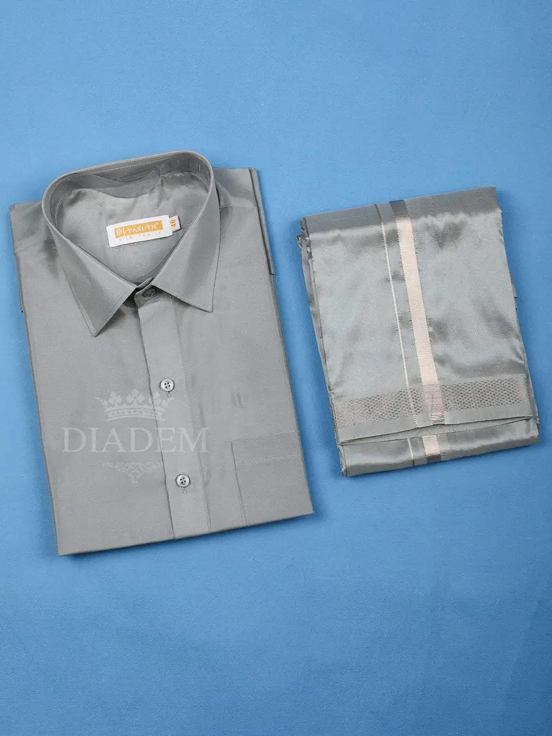Grey Plain Semi Silk Full-Sleeve Shirt With Matching Dhoti Set 1