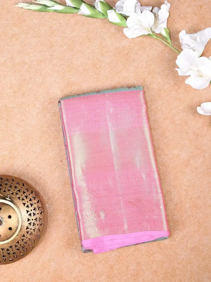 Grey Pure Kanchipuram Bridal Silk Saree With Floral Design On The Body With Zari Border 1