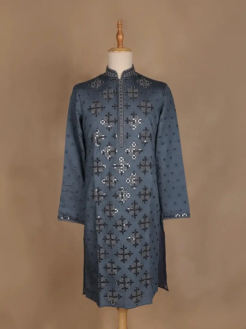 Grey Raw Silk Mirror Designed Kurta Set, With Pant 1