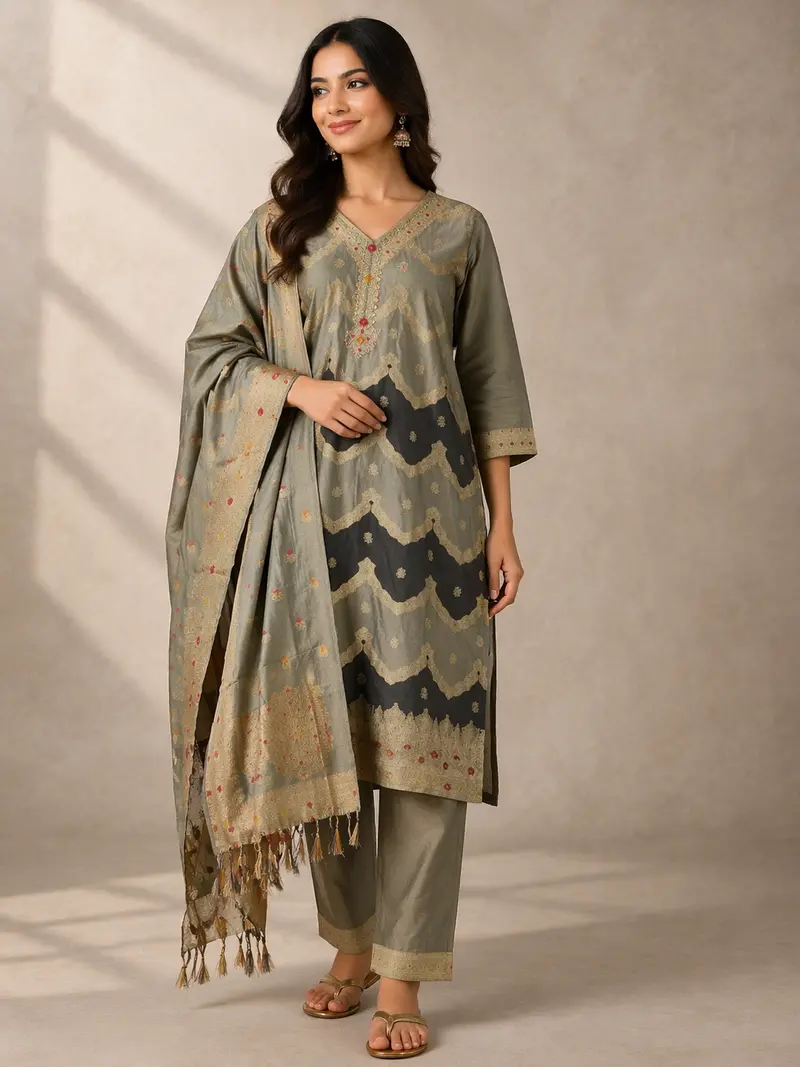 Grey Semi Banarasi Straight Cut Salwar Suit Adorned With Sequins And Prints Paired With Dupatta 1