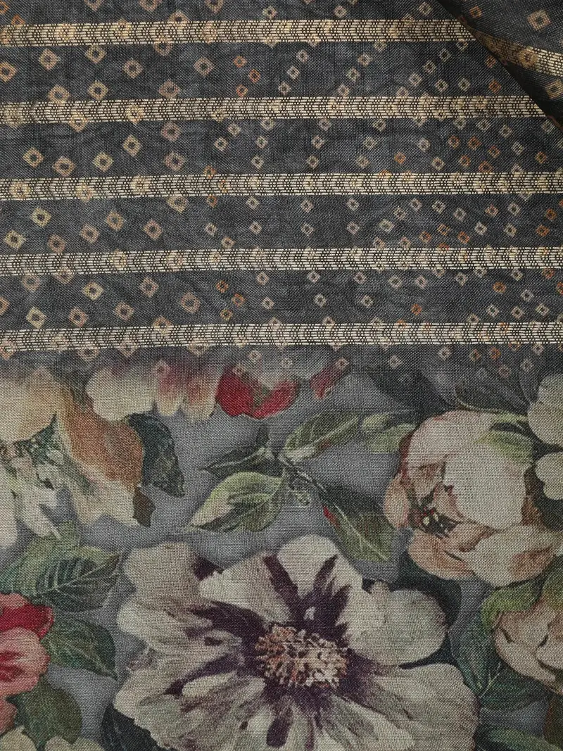 Grey Semi Tussar Silk Floral And Stripes Printed Saree 2