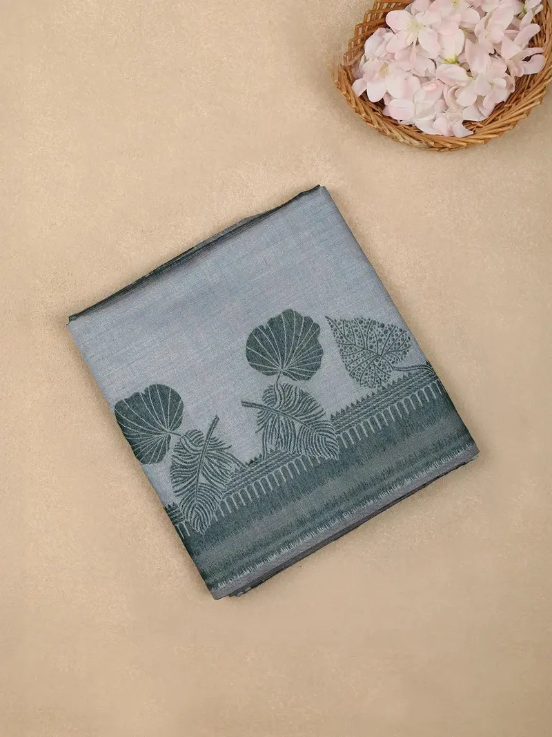 Grey Semi Tussar Silk Floral Designed Saree 1