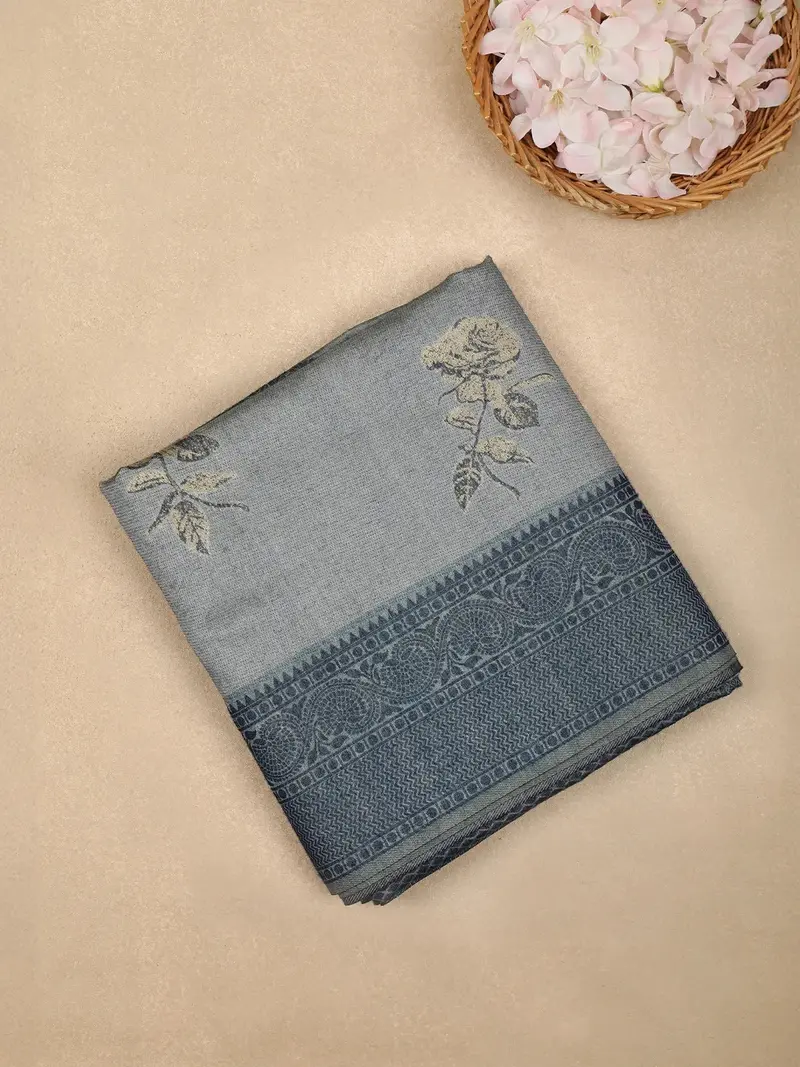 Grey Semi Tussar Silk Floral Designed Saree 1
